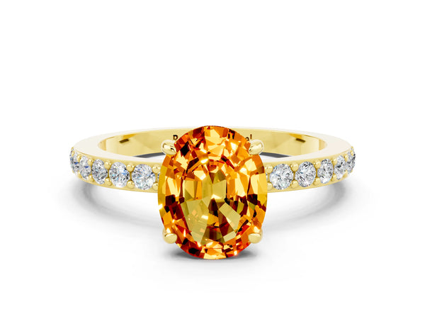 Yellow gold Oval Cut Citrine Solitaire Engagement Ring with Pavé Band and Four-Prong Setting
