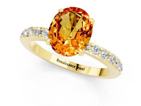 Yellow gold Oval Cut Citrine Solitaire Engagement Ring with Pavé Band and Four-Prong Setting_1