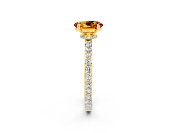 Yellow gold Oval Cut Citrine Solitaire Engagement Ring with Pavé Band and Four-Prong Setting