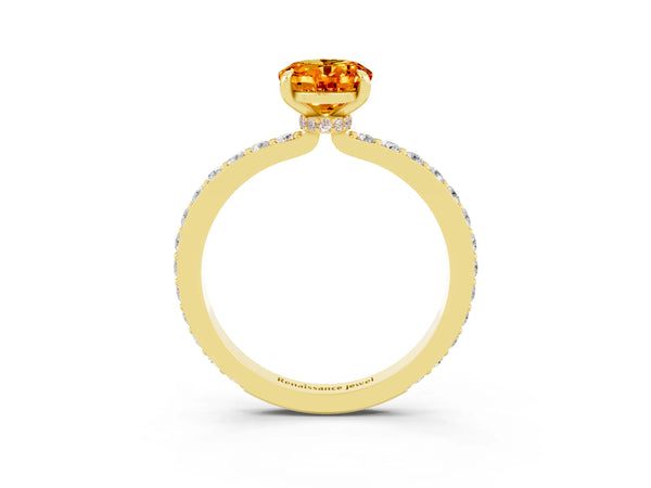Yellow gold Oval Cut Citrine Solitaire Engagement Ring with Pavé Band and Four-Prong Setting