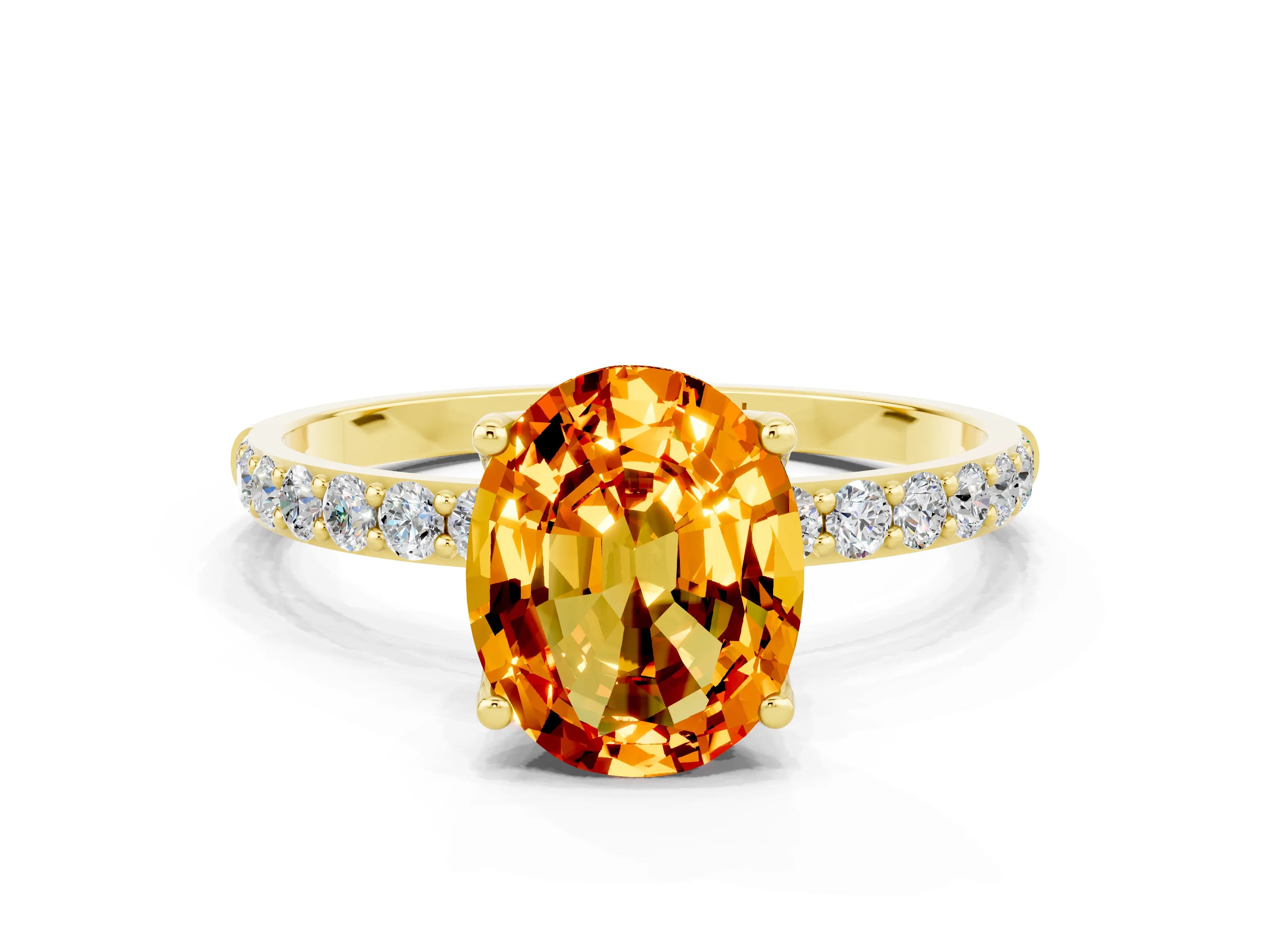 Yellow gold Oval Cut Citrine Solitaire Engagement Ring with Pavé Band and Prong Setting