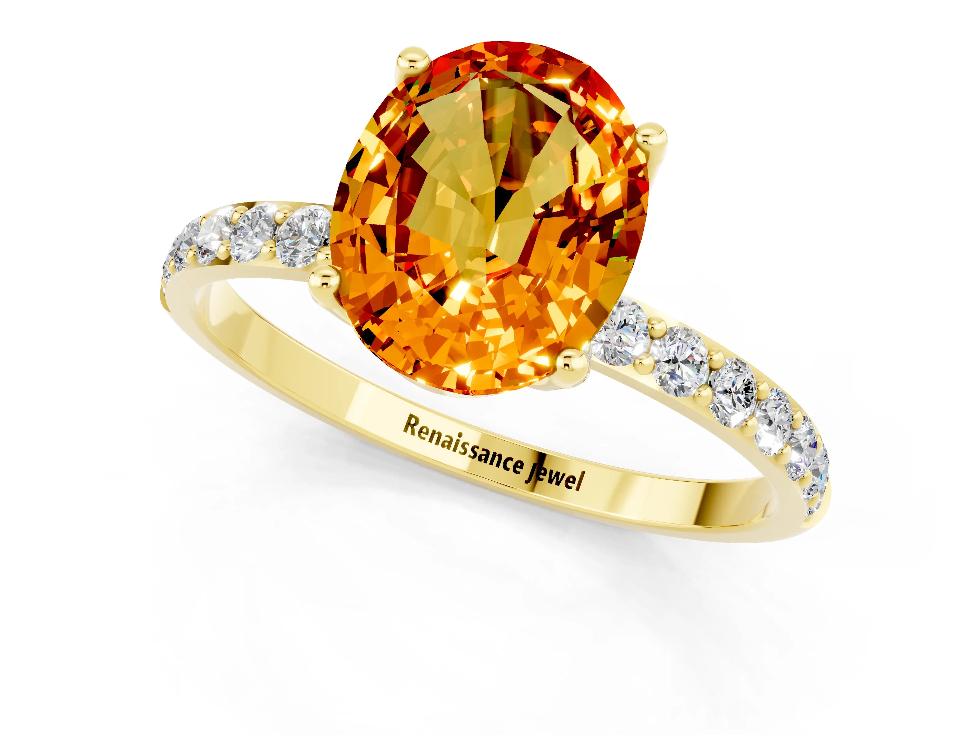 Yellow gold Oval Cut Citrine Solitaire Engagement Ring with Pavé Band and Prong Setting_1