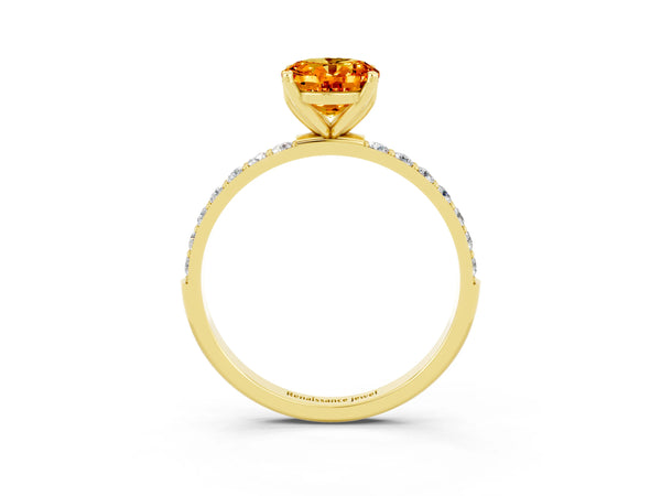 Yellow gold Oval Cut Citrine Solitaire Engagement Ring with Round  Pavé Band and Prong Setting