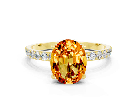 Yellow gold Oval Cut Citrine Solitaire Engagement Ring with Pavé Band and Prong Setting