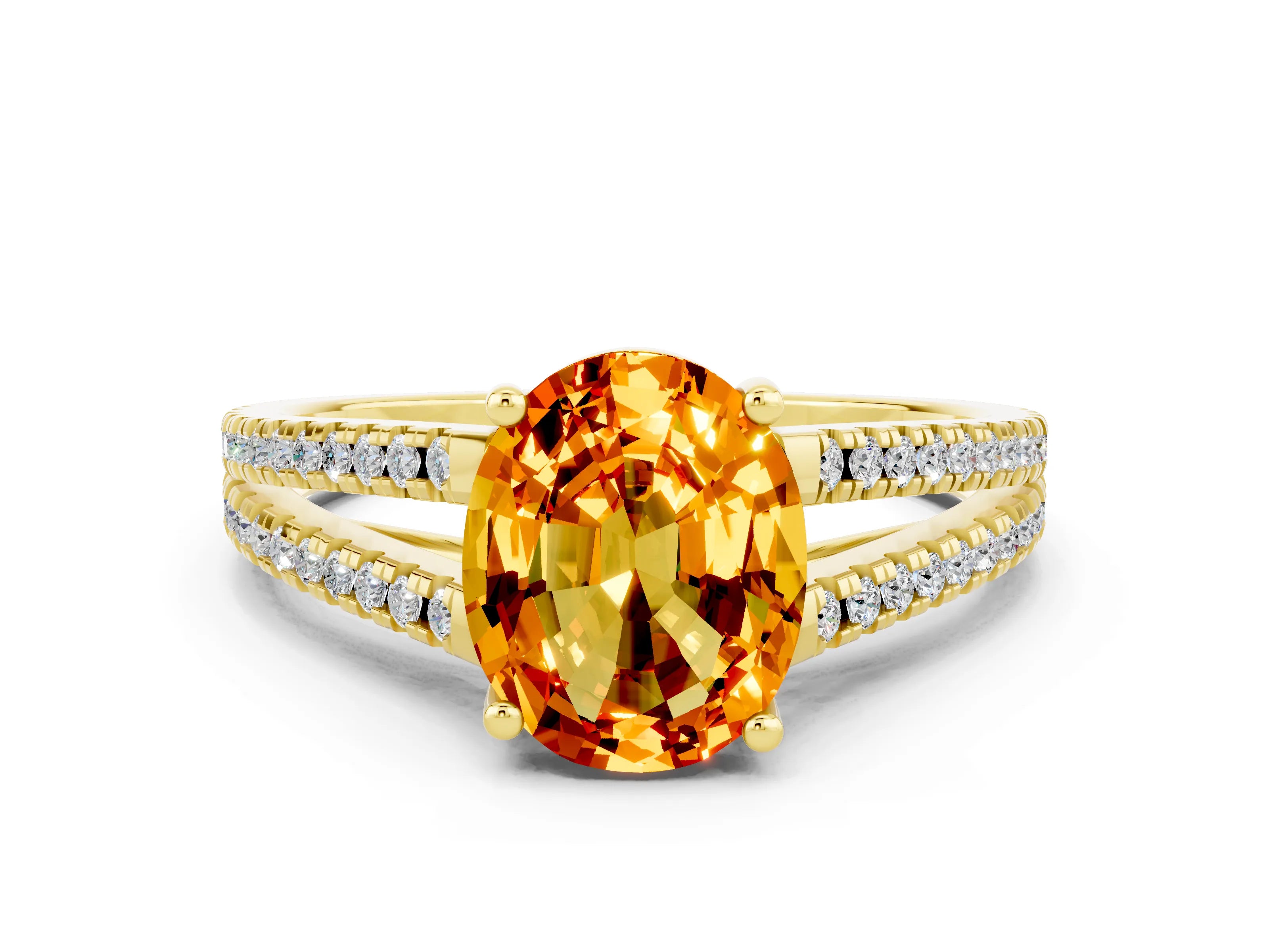 Yellow gold Oval Cut Citrine Solitaire Engagement Ring with Split Shank Pavé Band