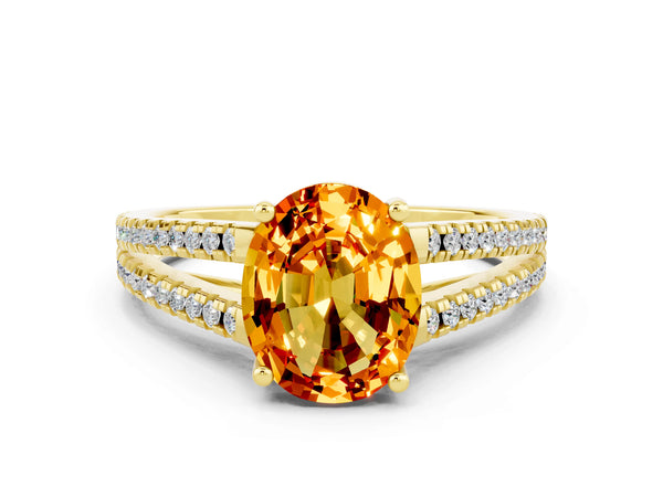 Yellow gold Oval Cut Citrine Solitaire Engagement Ring with Split Shank Pavé Band