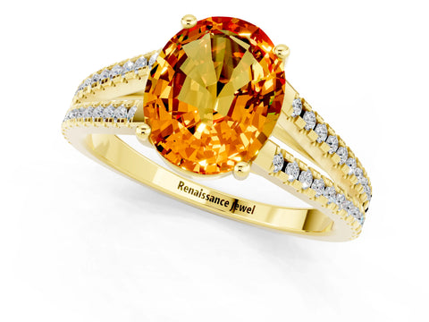 Yellow gold Oval Cut Citrine Solitaire Engagement Ring with Split Shank Pavé Band_1