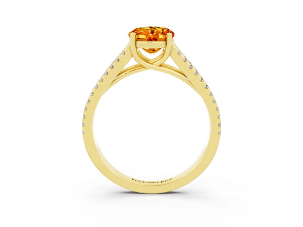Yellow gold Oval Cut Citrine Solitaire Engagement Ring with Split Shank Pavé Band