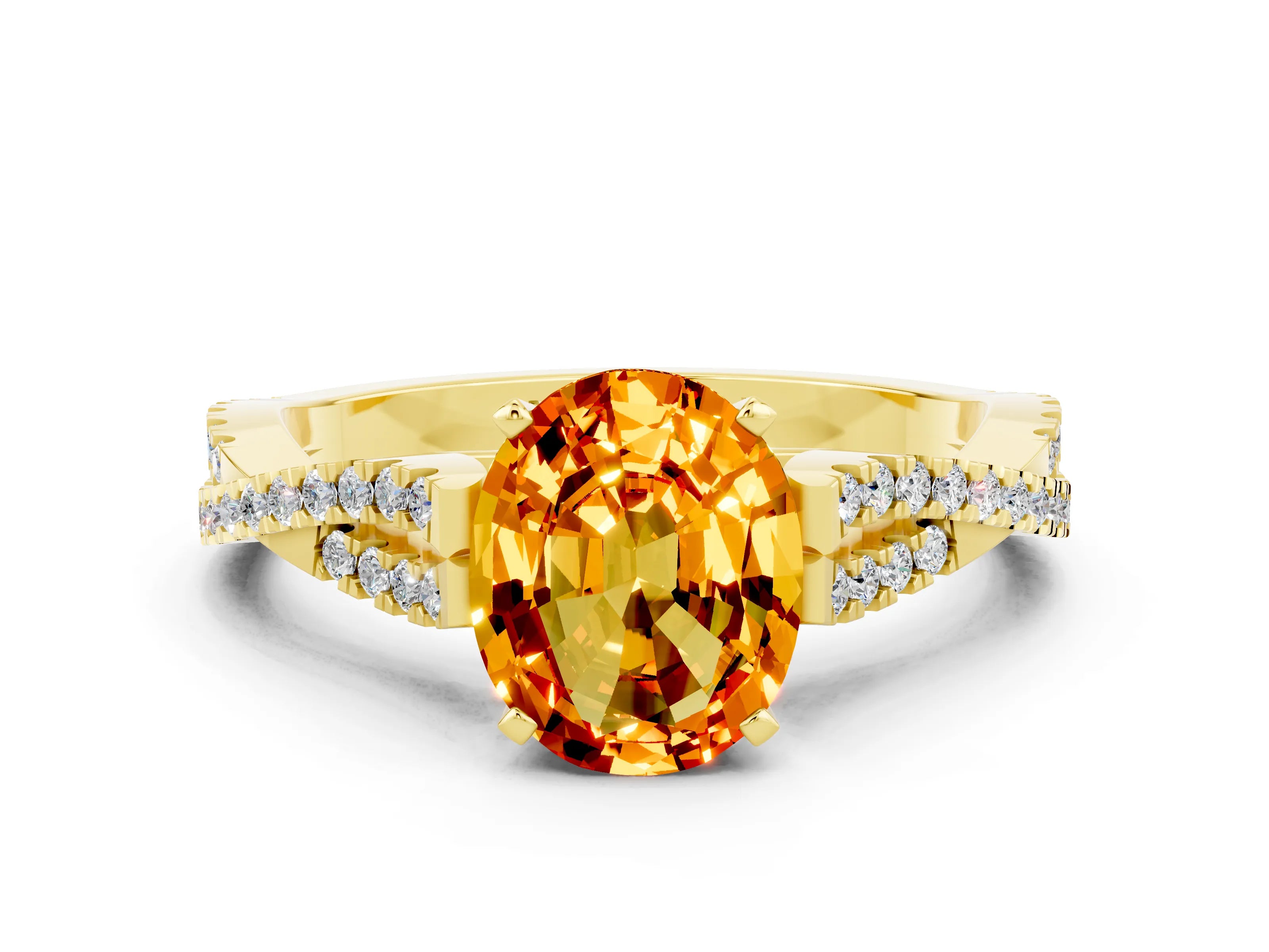 Yellow gold Oval Cut Citrine Solitaire Engagement Ring with Twisted Pavé Band and Four-Prong Setting