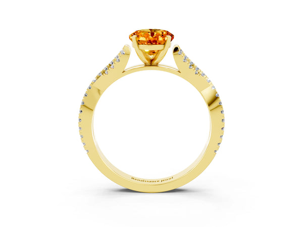 Yellow gold Oval Cut Citrine Solitaire Engagement Ring with Twisted Pavé Band and Four-Prong Setting