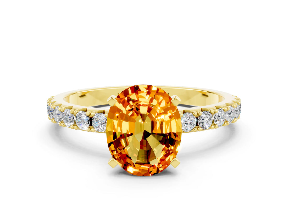 Yellow gold Oval Cut Citrine Solitaire Pavé Band with Four-Prong Setting