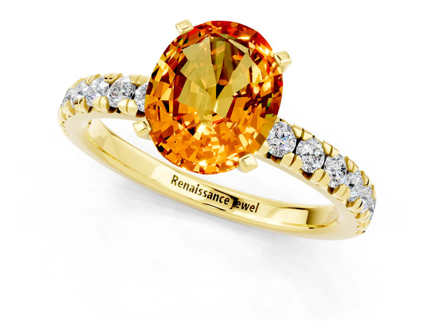 Yellow gold Oval Cut Citrine Solitaire Pavé Engagement Ring with Round Band and Prong Setting