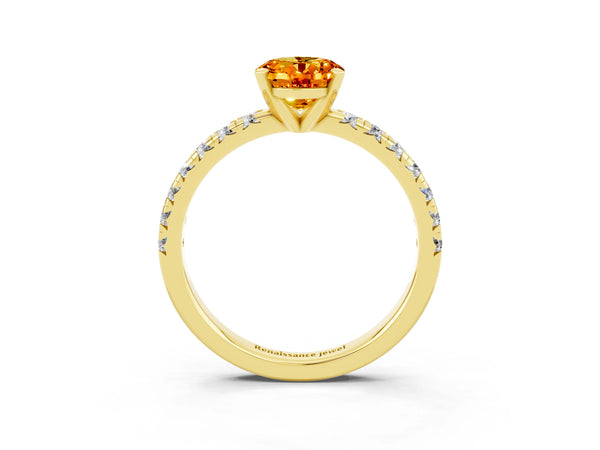 Yellow gold Oval Cut Citrine Solitaire Pavé Engagement Ring with Round Band and Prong Setting