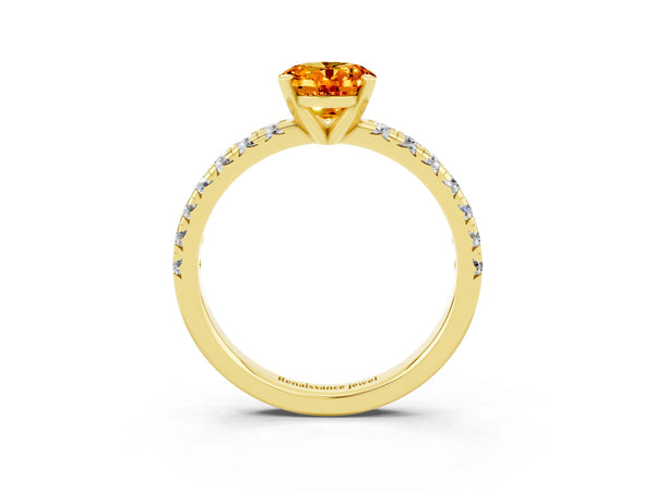 Yellow gold Oval Cut Citrine Solitaire Pavé Engagement Ring with Round Band and Prong Setting