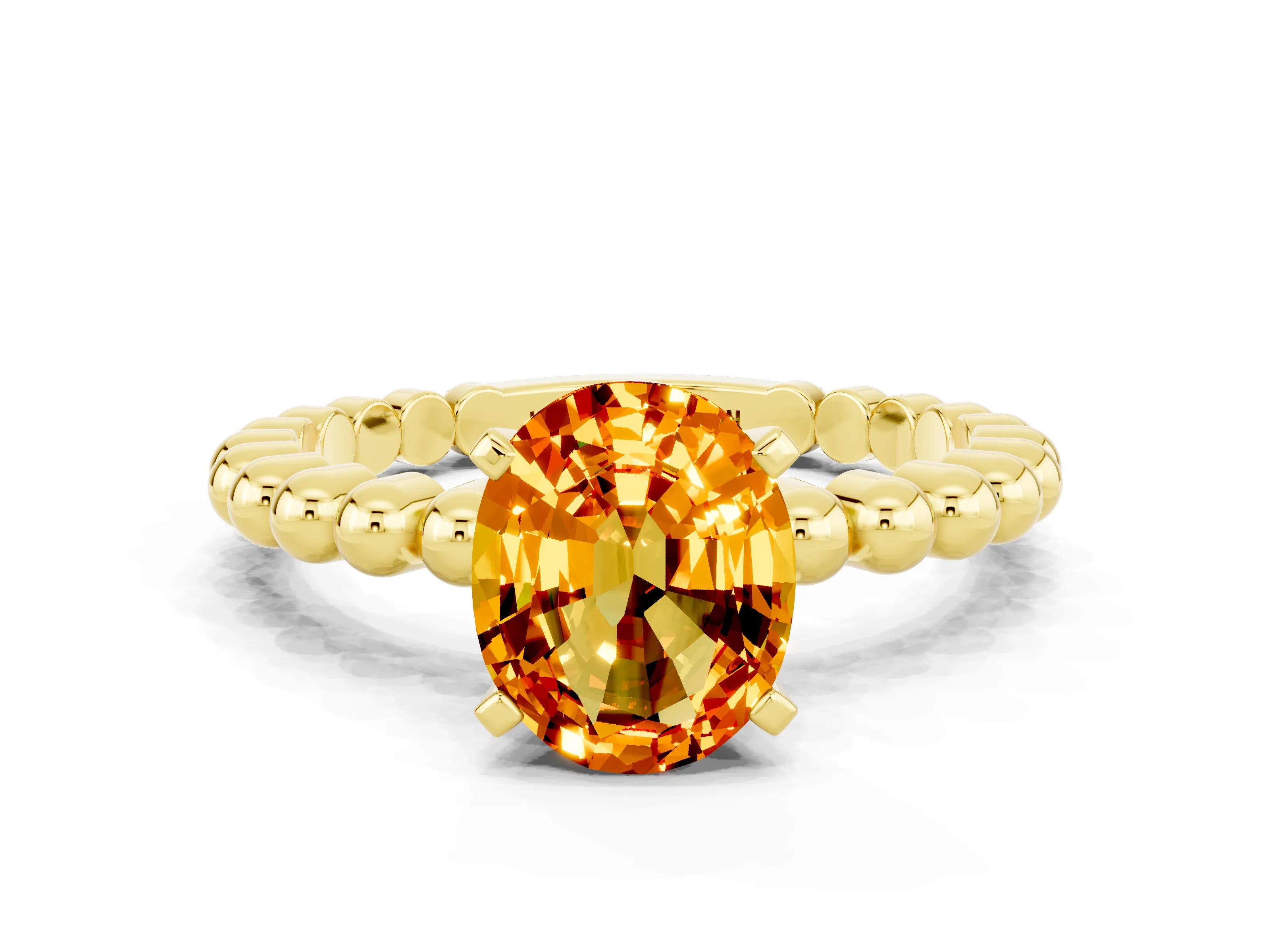 Yellow gold Oval Cut Citrine Solitaire Ring with Beaded Band and Prong Setting