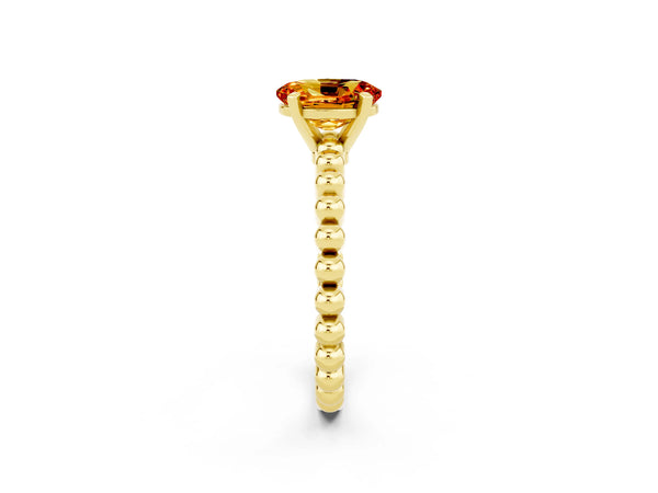 Yellow gold Oval Cut Citrine Solitaire Ring with Beaded Band and Prong Setting