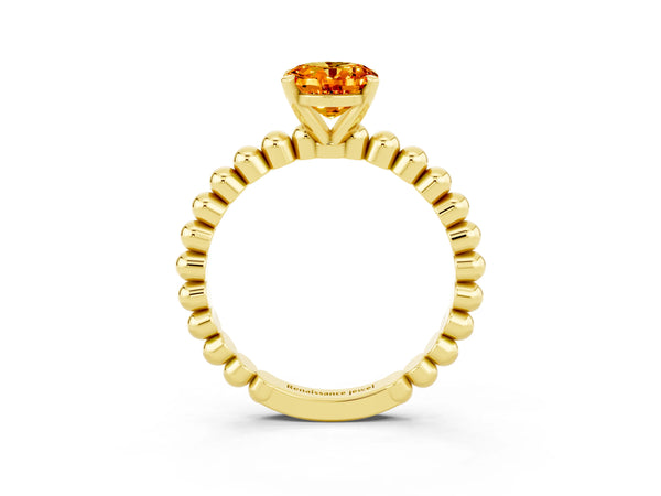 Yellow gold Oval Cut Citrine Solitaire Ring with Beaded Band and Prong Setting