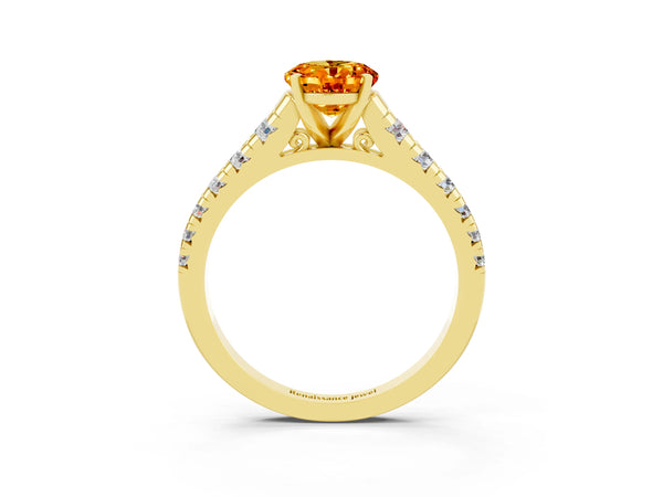 Yellow gold Oval Cut Citrine Cathedral Solitaire Ring with Round  Pavé Band