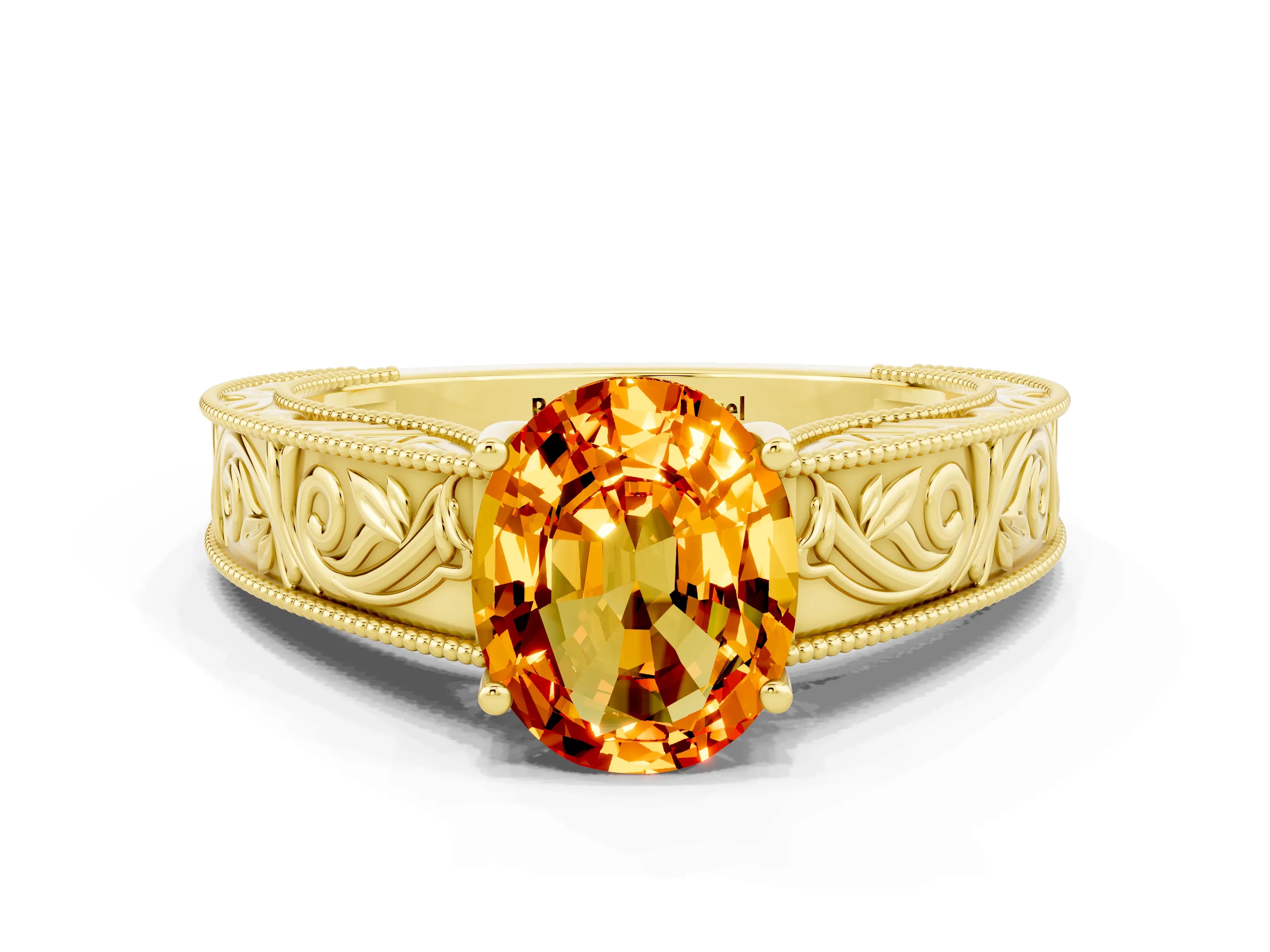 Yellow gold Oval Cut Citrine Solitaire Ring with Engraved Band and Four-Prong Setting