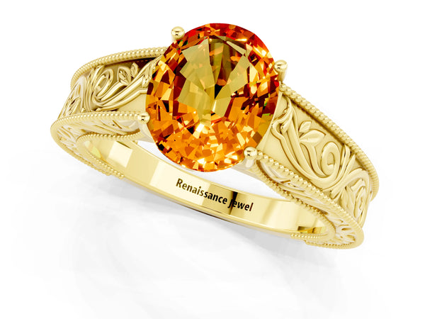 Yellow gold Oval Cut Citrine Solitaire Ring with Engraved Band and Four-Prong Setting