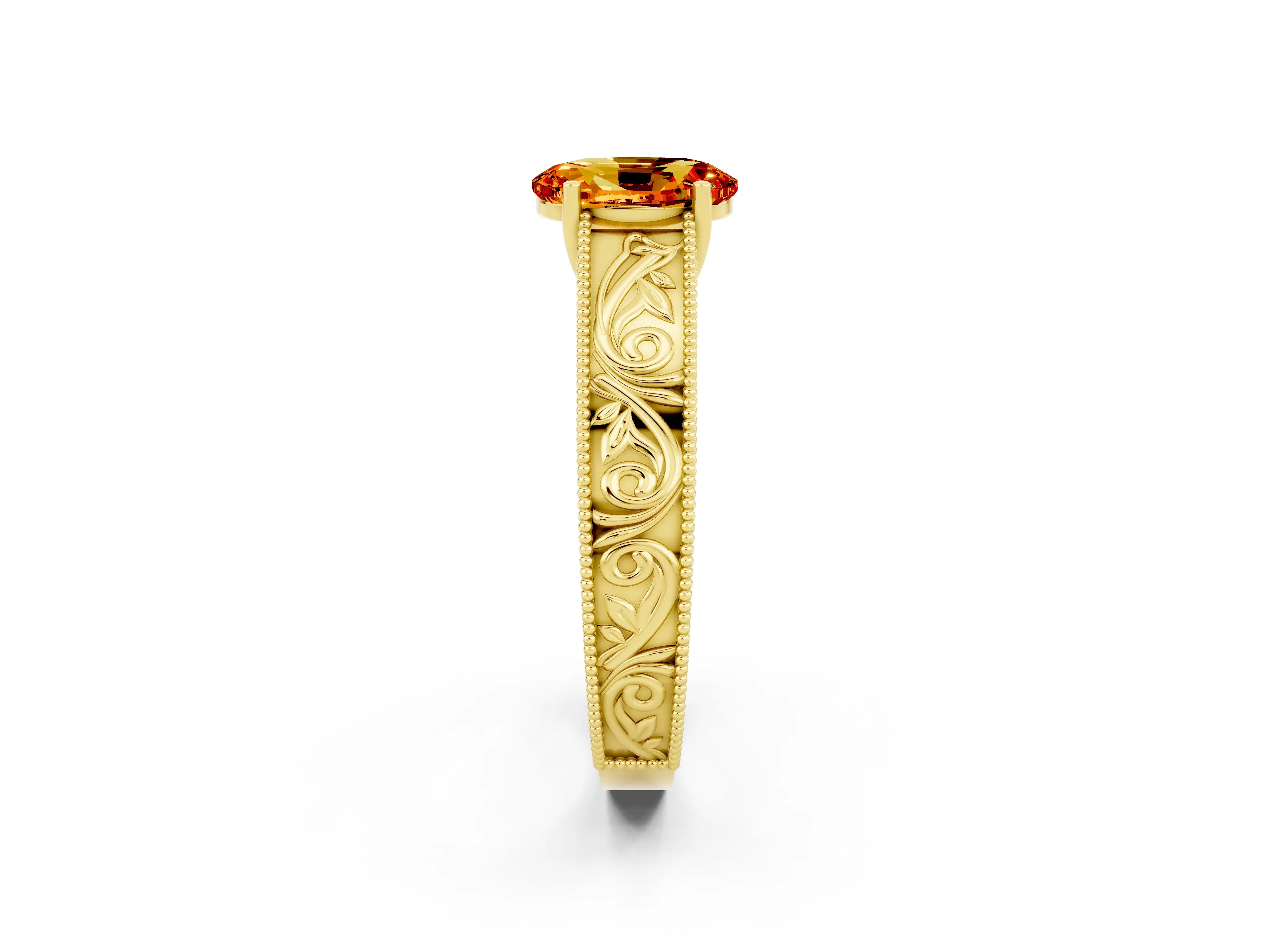 Yellow gold Oval Cut Citrine Solitaire Ring with Engraved Band and Four-Prong Setting_2