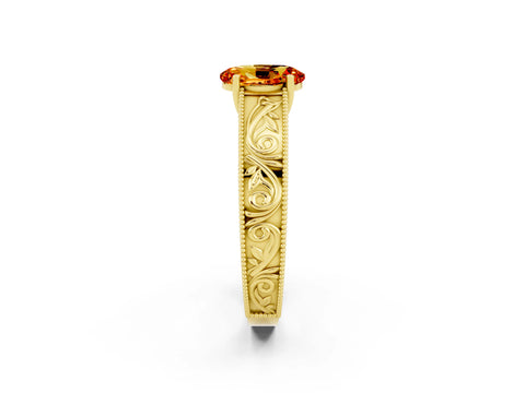 Yellow gold Oval Cut Citrine Solitaire Ring with Engraved Band and Four-Prong Setting_2