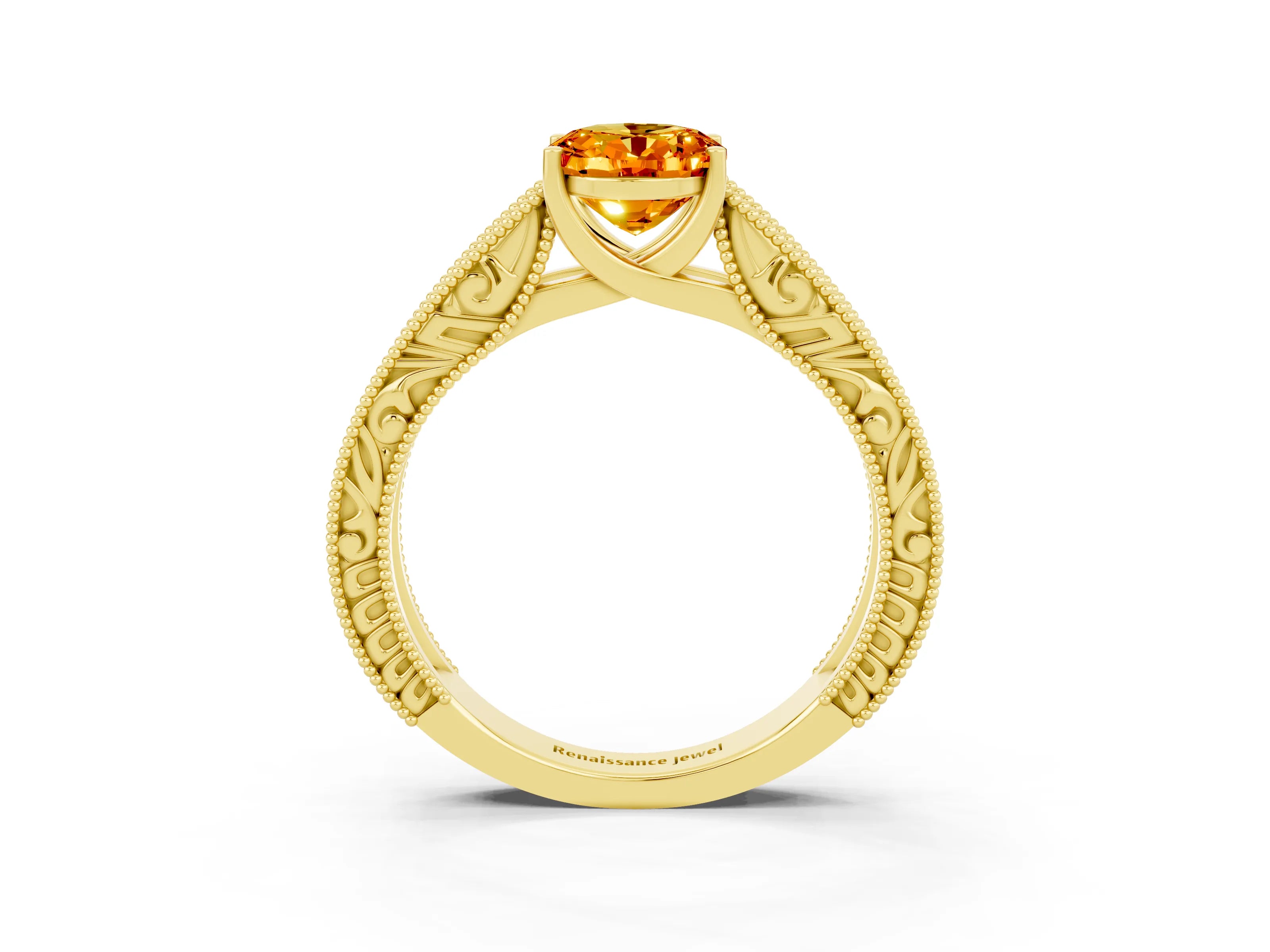 Yellow gold Oval Cut Citrine Solitaire Ring with Engraved Band and Four-Prong Setting_3