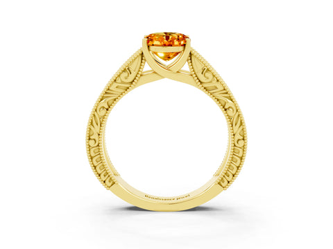 Yellow gold Oval Cut Citrine Solitaire Ring with Engraved Band and Four-Prong Setting_3