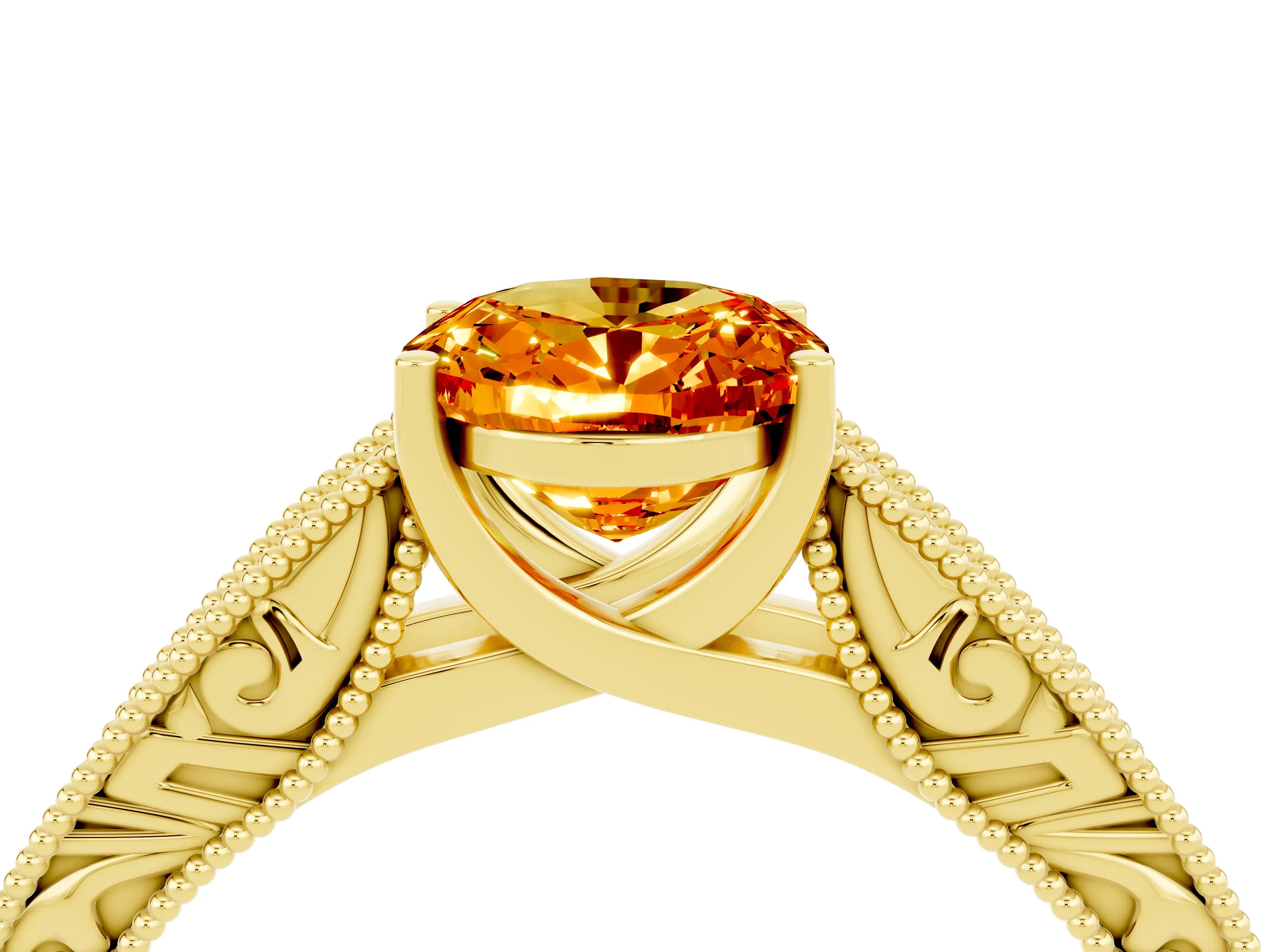 Yellow gold Oval Cut Citrine Solitaire Ring with Engraved Band and Four-Prong Setting_4