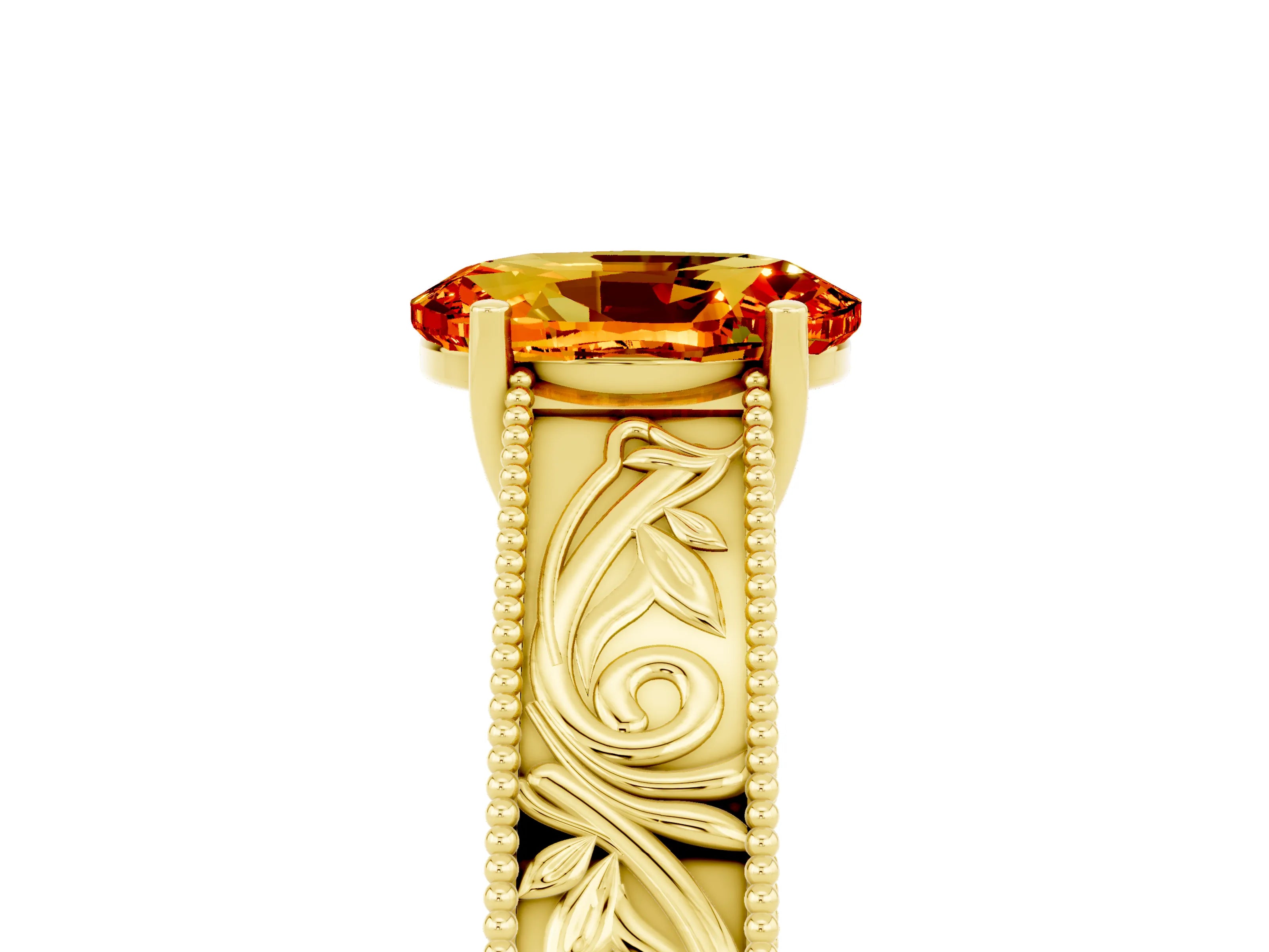 Yellow gold Oval Cut Citrine Solitaire Ring with Engraved Band and Four-Prong Setting_5
