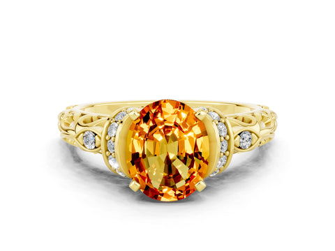 Yellow gold Oval Cut Citrine Solitaire Ring with Filigree Band and Four-Prong Setting_24