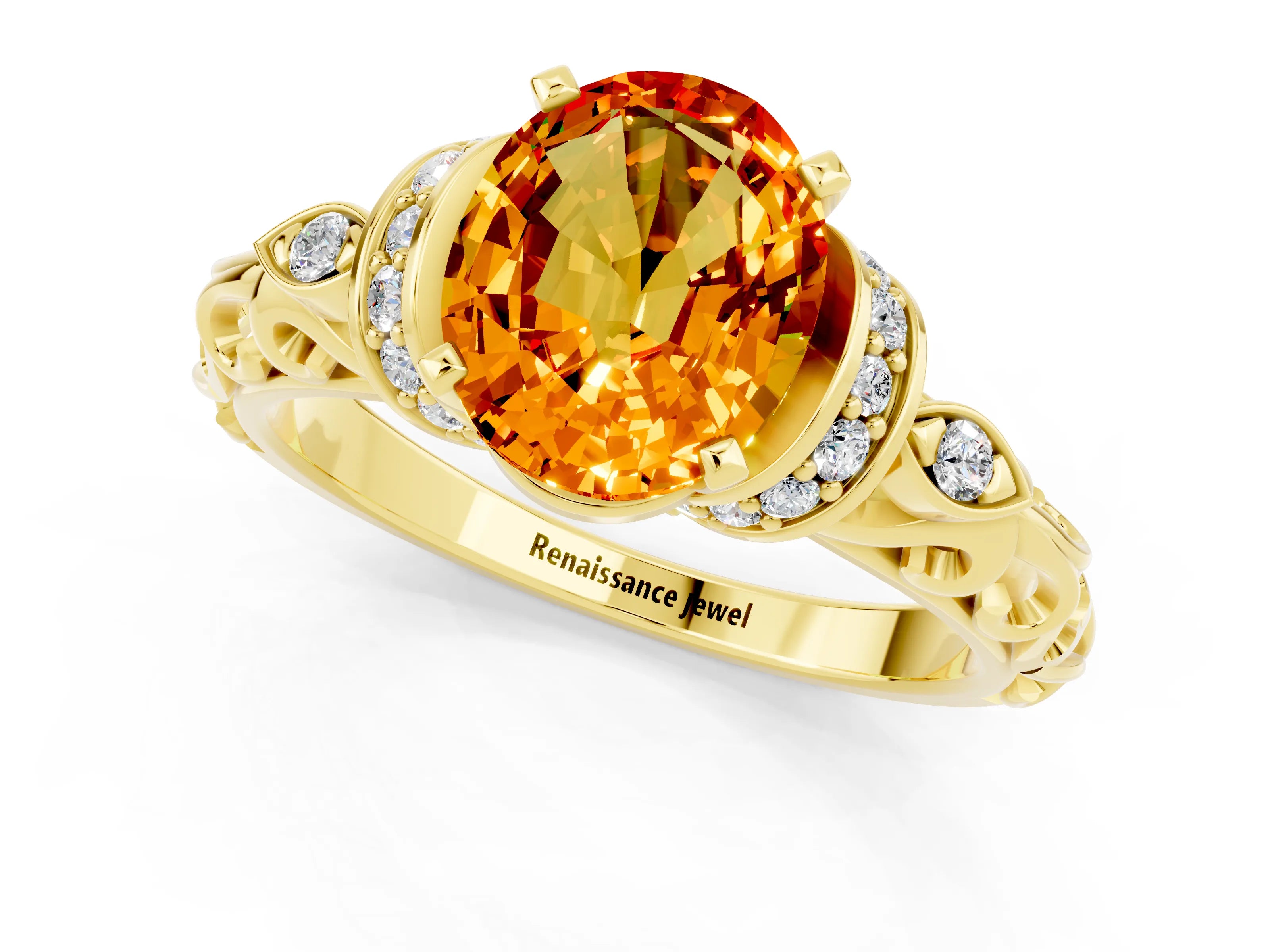 Yellow gold Oval Cut Citrine Solitaire Ring with Filigree Band and Four-Prong Setting_25