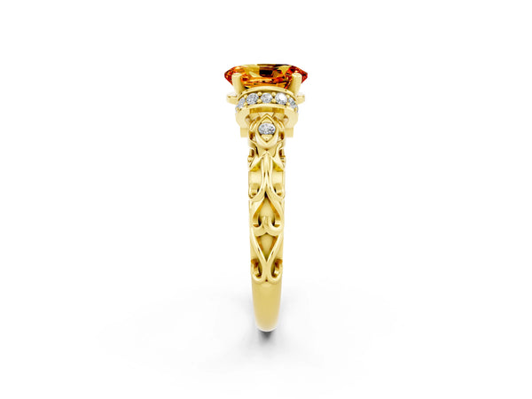 Yellow gold Oval Cut Citrine Solitaire Ring with Filigree Band and Four-Prong Setting