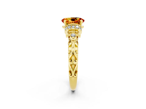 Yellow gold Oval Cut Citrine Solitaire Ring with Filigree Band and Four-Prong Setting_26