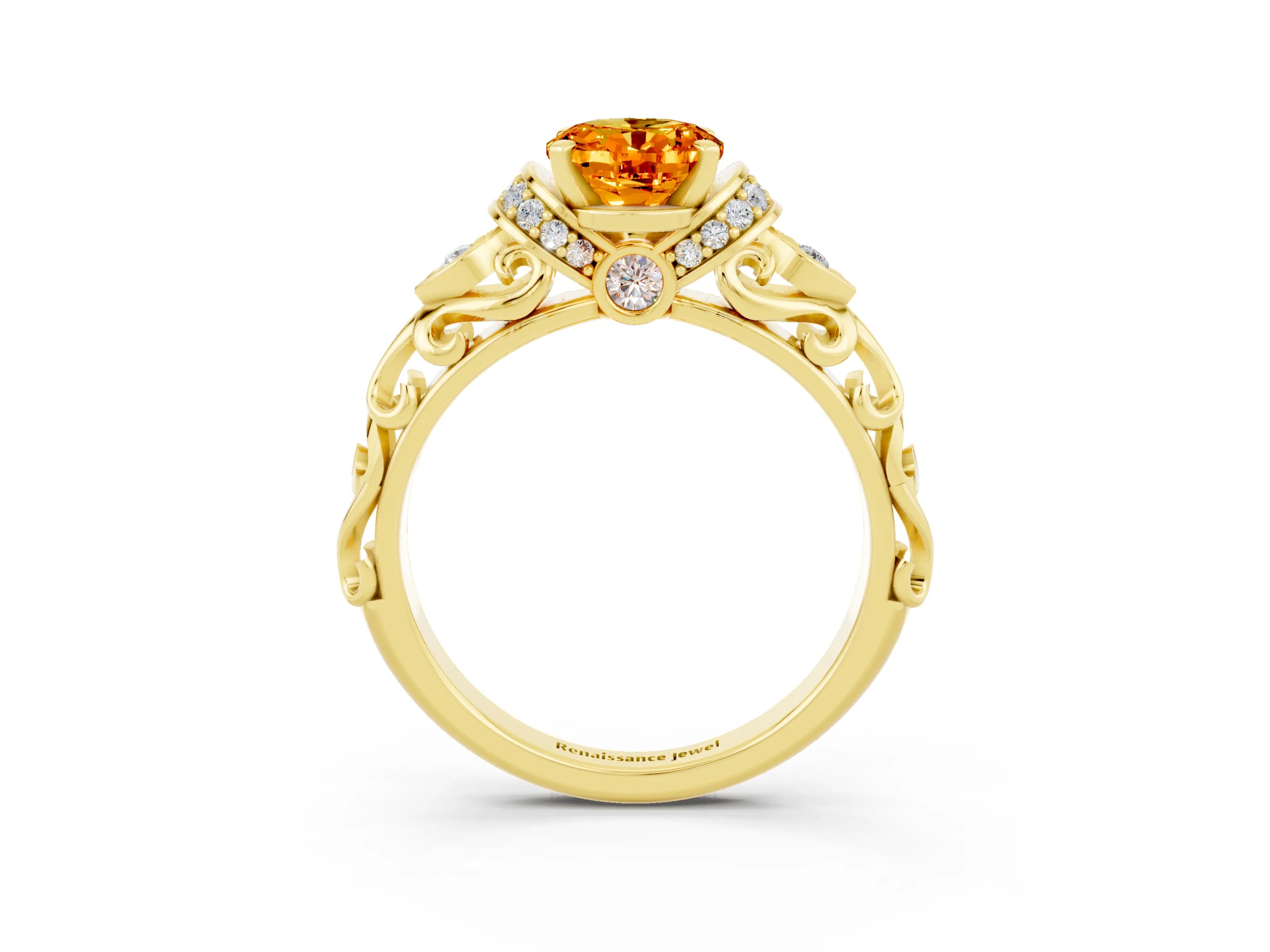 Yellow gold Oval Cut Citrine Solitaire Ring with Filigree Band and Four-Prong Setting_27