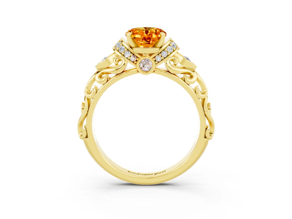 Yellow gold Oval Cut Citrine Solitaire Ring with Filigree Band and Four-Prong Setting
