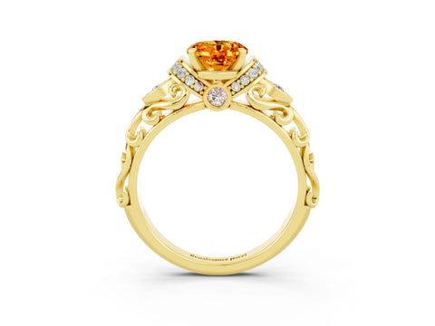 Yellow gold Oval Cut Citrine Solitaire Ring with Filigree Band and Four-Prong Setting_27