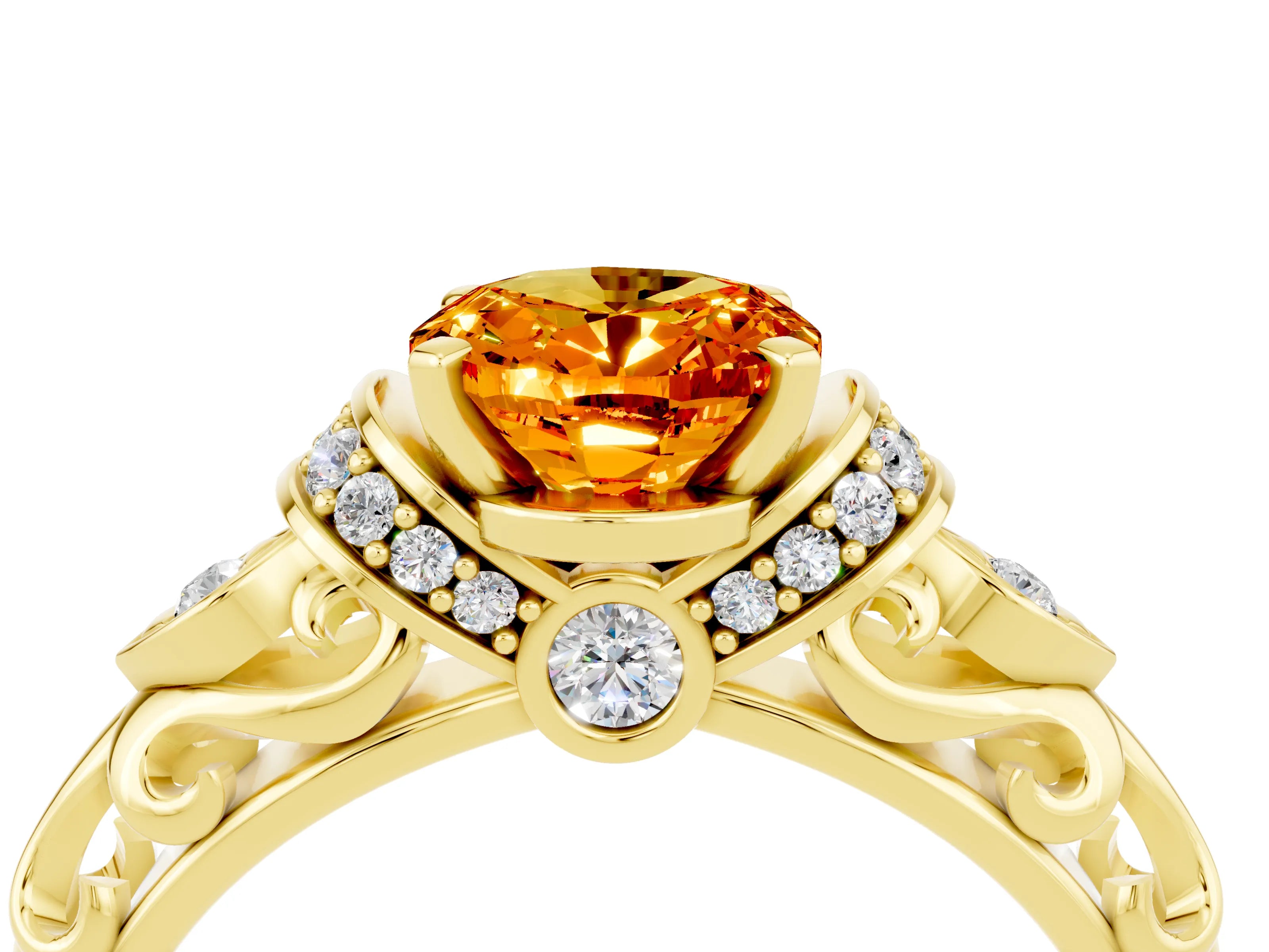 Yellow gold Oval Cut Citrine Solitaire Ring with Filigree Band and Four-Prong Setting_28