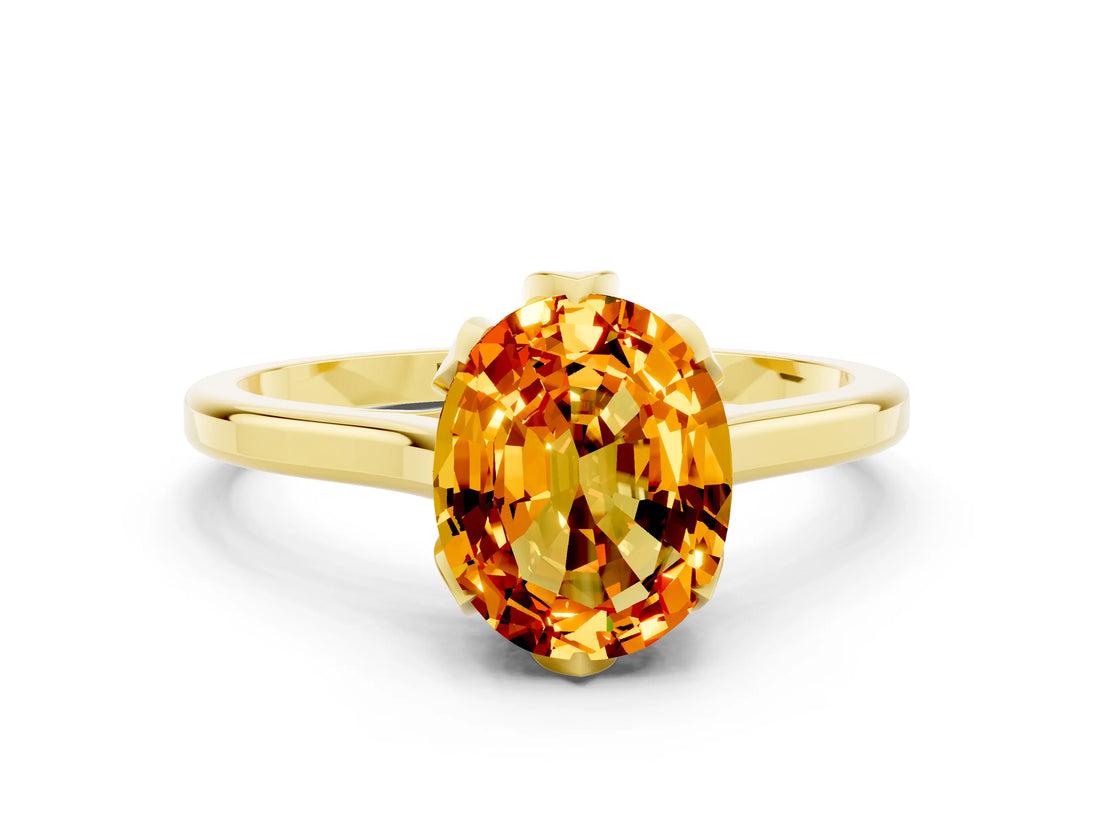 Yellow gold Oval Cut Citrine Solitaire Ring with Flower Prong Setting and Classic Band_12