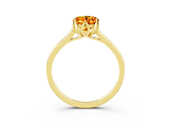 Yellow gold Oval Cut Citrine Solitaire Ring with Flower Prong Setting and Classic Band