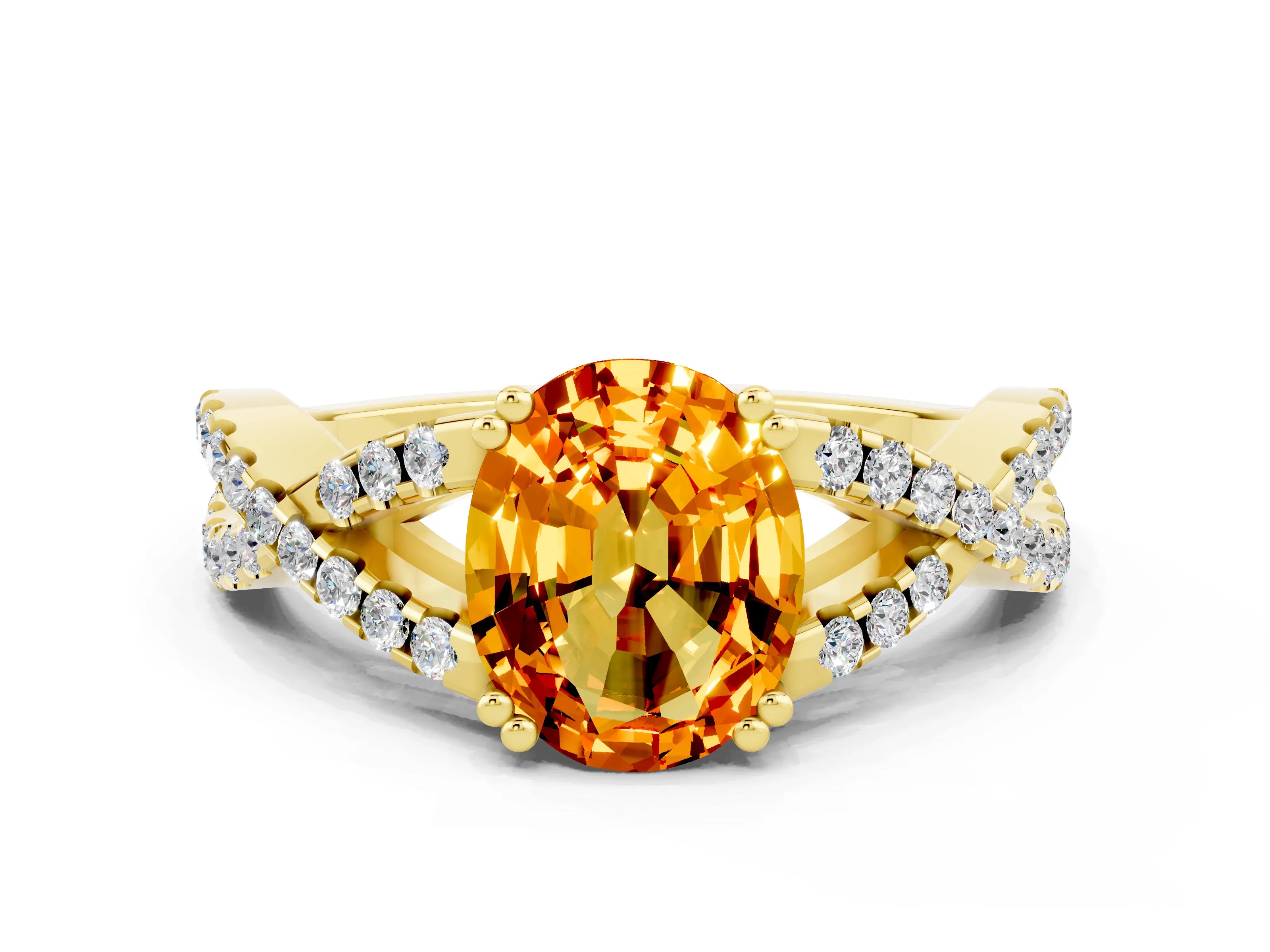 Yellow gold Oval Cut Citrine Solitaire Ring with Four-Prong Setting and Twisted Pavé Band