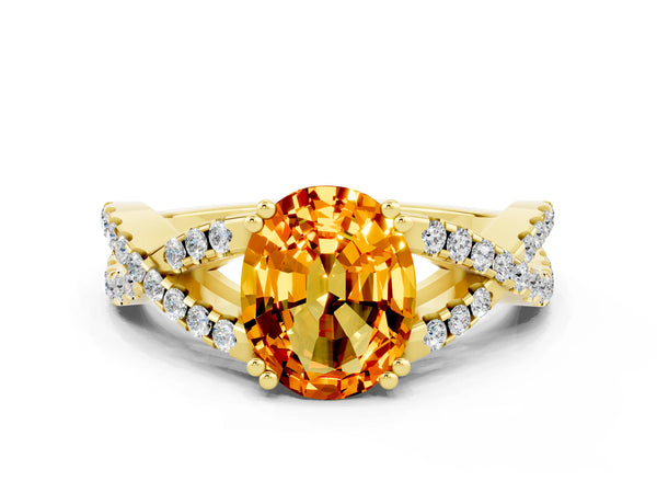 Yellow gold Oval Cut Citrine Solitaire Ring with Four-Prong Setting and Twisted Pavé Band
