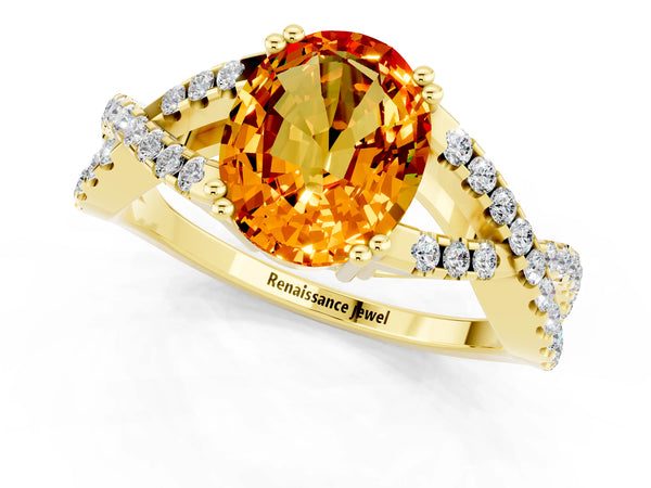 Yellow gold Oval Cut Citrine Solitaire Ring with Four-Prong Setting and Twisted Pavé Band