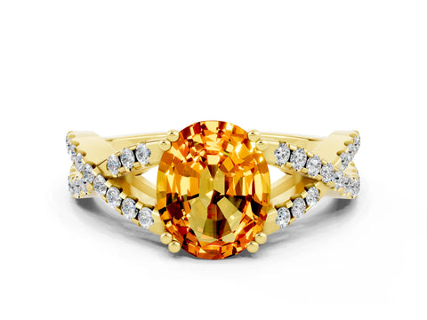 Yellow gold Oval Cut Citrine Solitaire Ring with Four-Prong Setting and Twisted Pavé Band