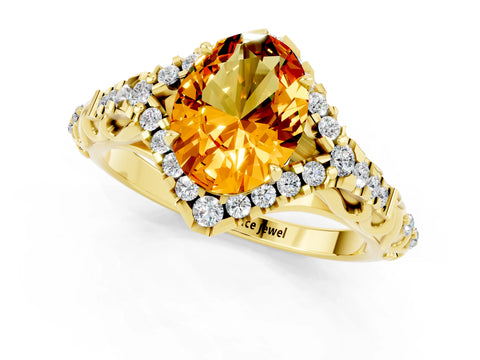 Yellow gold Oval Cut Citrine Solitaire Ring with Hidden Halo and Pavé Band_13