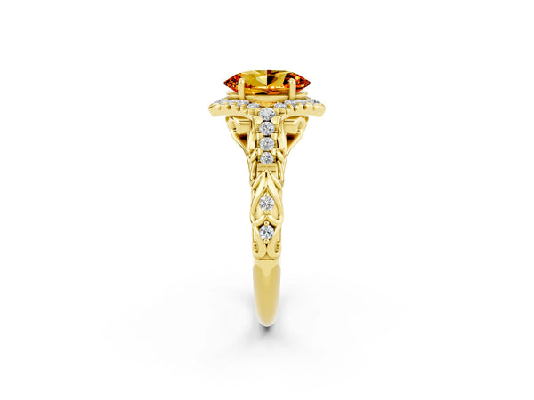 Yellow gold Oval Cut Citrine Solitaire Ring with Hidden Halo and Pavé Band