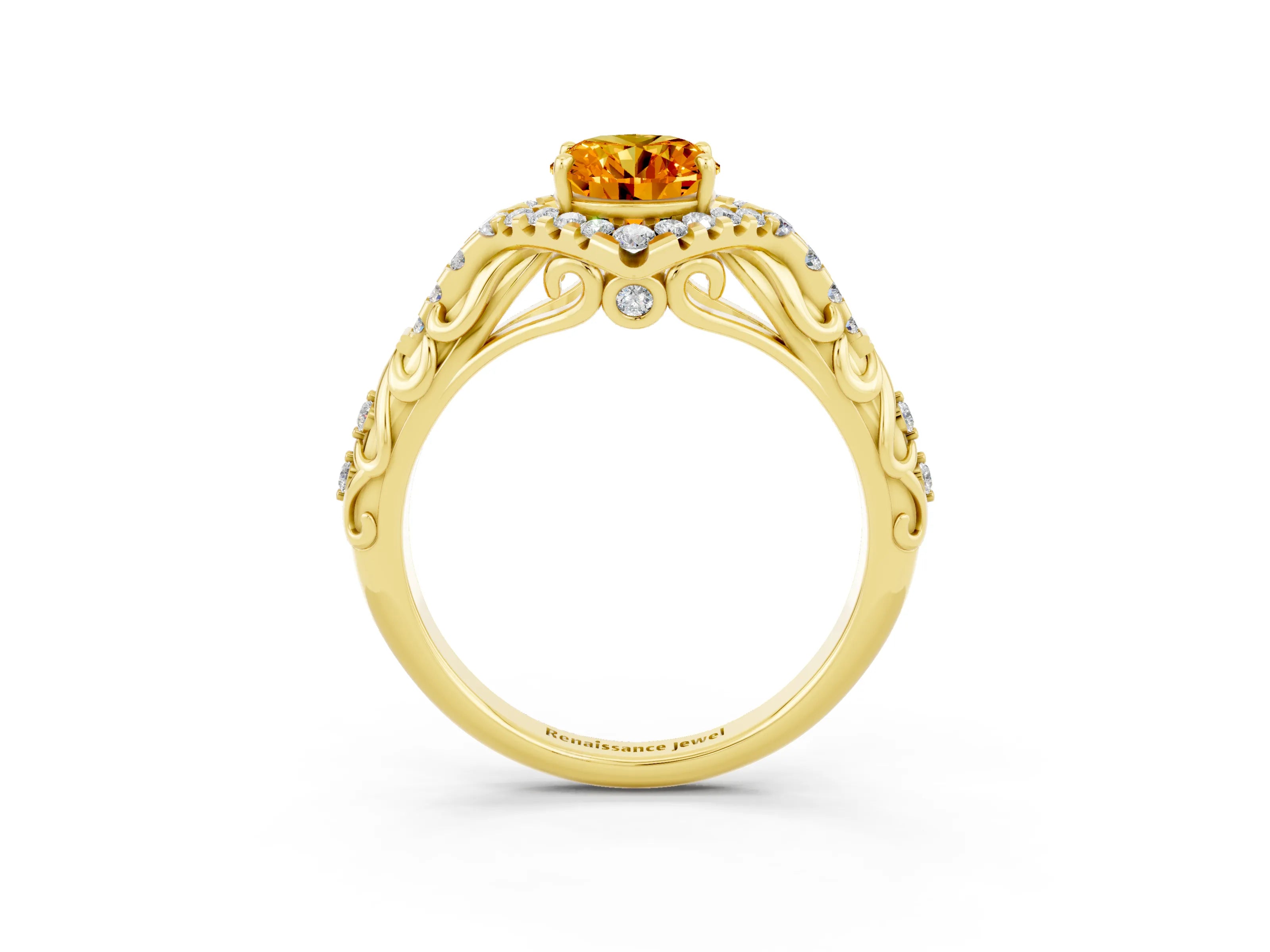 Yellow gold Oval Cut Citrine Solitaire Ring with Hidden Halo and Pavé Band_15