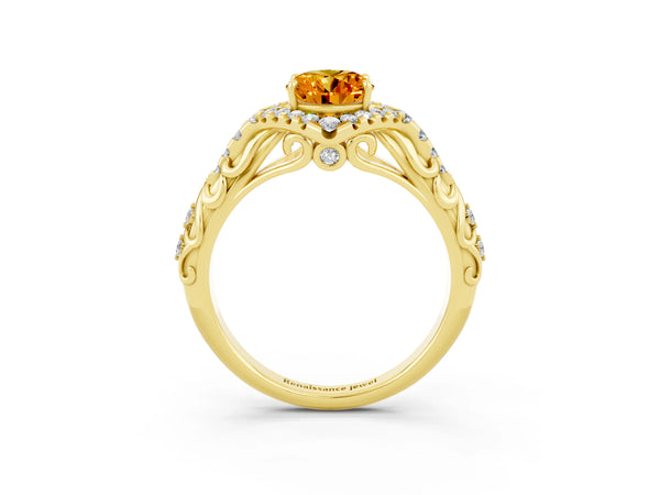 Yellow gold Oval Cut Citrine Solitaire Ring with Hidden Halo and Pavé Band