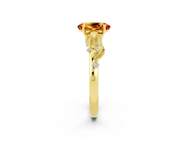Yellow gold Oval Cut Citrine Solitaire Ring with Leaf Motif Band and Four-Prong Setting