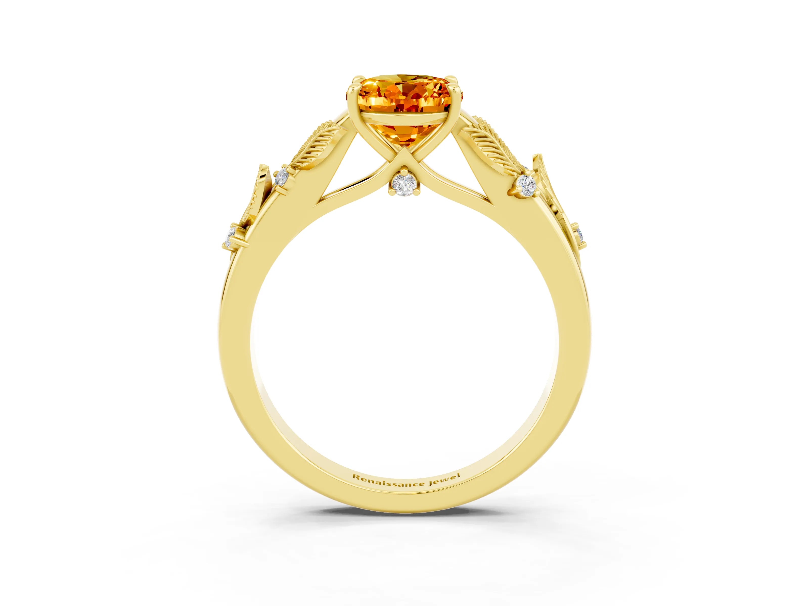 Yellow gold Oval Cut Citrine Solitaire Ring with Leaf Motif Band and Four-Prong Setting_3
